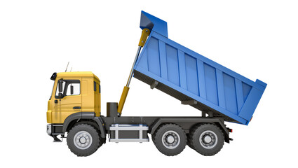 Fototapeta premium Yellow dump truck with raised blue cargo bed, isolated on transparent background