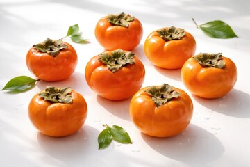 Fototapeta premium Multiple persimmons arranged artistically on smooth white surface with highlights