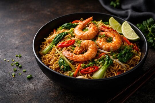 Traditional Indonesian stir fry mie goreng with prawns and fresh veggies in black bowl on dark textured table and copy space