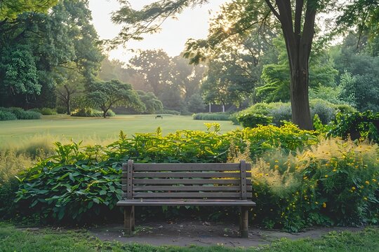 朝日が差し込む新緑の公園と木製ベンチの風景 - 休息、癒やし、メンタルヘルス、自然の背景素材に