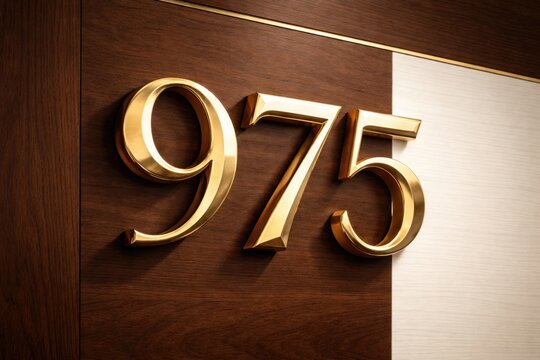 Stylish gold number set nine seven five featured on contrasting dark brown and off white wood finish