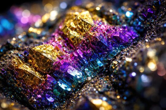 Brightly colored chalcopyrite ore sample viewed under magnification