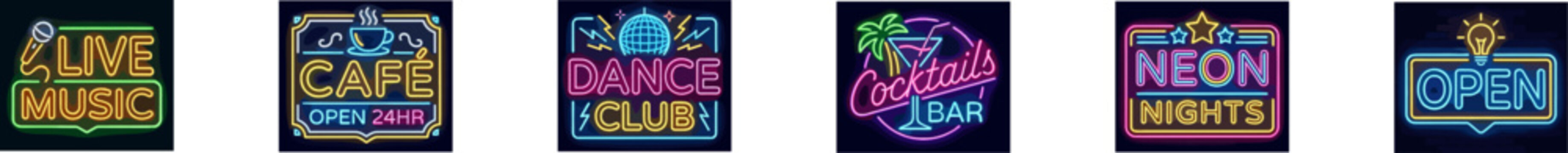 Set of vibrant neon vector signs for entertainment and nightlife.