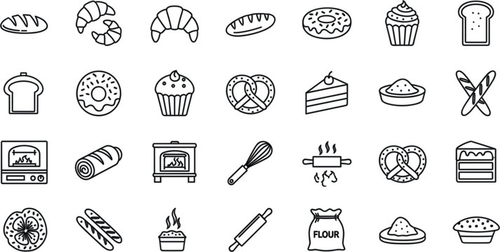 Bakery and pastry icon set in clean black line art style with bread croissant and baking tool symbols