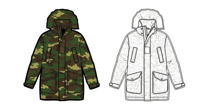 Camouflage parka jacket design with details in color and sketch  
