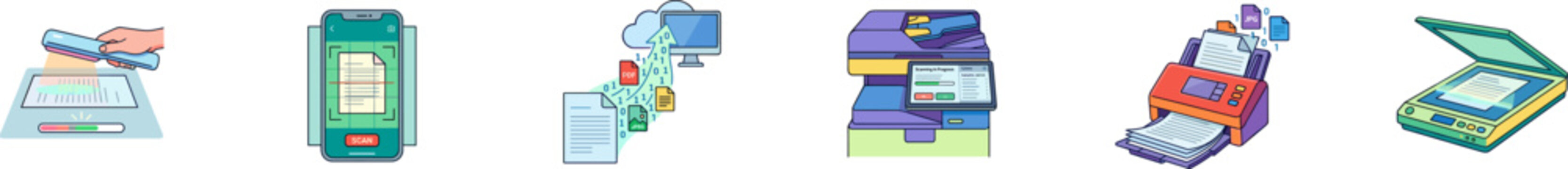 Set of flat vector icons for document scanning and office printing.