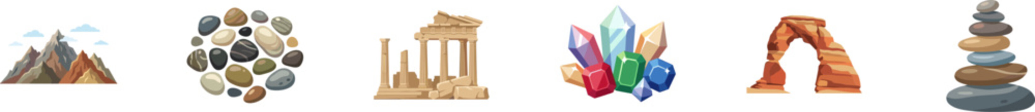 Collection of stone and rock vector icons including crystals and ruins.