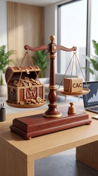 Customer lifetime value LTV versus customer acquisition cost CAC concept on a balance scale in an office setting 3D render