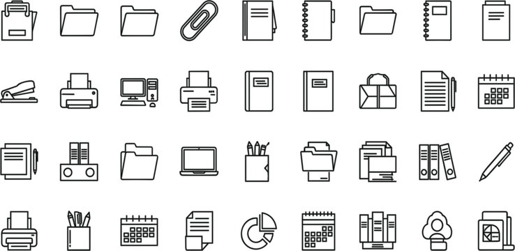 Office supplies and document management icon set with file folders printer and stationery in black line art