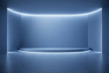 Obraz premium Modern minimalistic blue presentation backdrop with built in lighting and smooth floor design