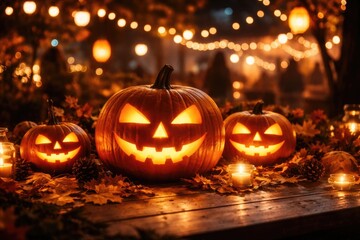Naklejka premium Pumpkins illuminated against a shiny blurred backdrop at Halloween gathering