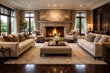 Obraz premium Luxury home living room interior with glossy hardwood floors and a bright, crackling fireplace centerpiece