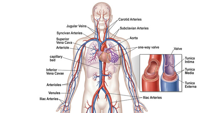 Comprehensive diagram of the human cardiovascular system showing major arteries and veins in anterior view, including carotid, subclavian, jugular and venae cavae, with inset cross‑section comparing v