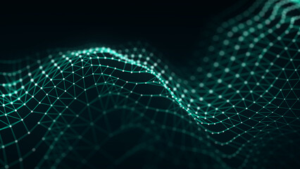 Abstract green polygon network wave on dark background. Glowing nodes and connecting lines form flowing digital mesh landscape. Futuristic technology communication and data visualization concept.  © Alina