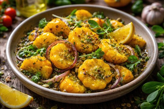 Marinated yellow patisson in a vibrant plant based cuisine dish