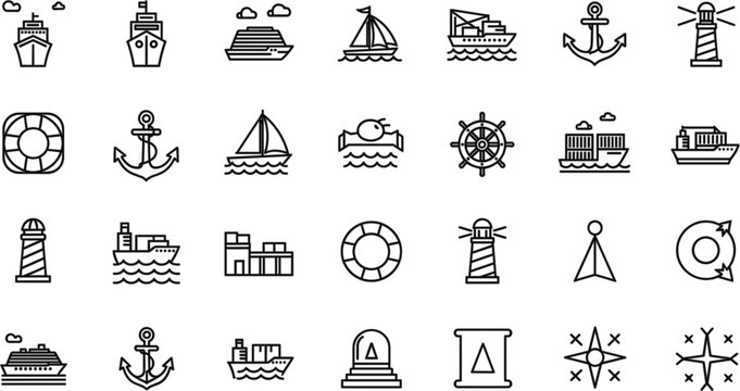 Nautical icon set with ship anchor lighthouse and maritime symbols in bold black line art style for web and graphic design