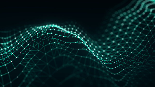 Abstract green polygon network wave on dark background. Glowing nodes and connecting lines form flowing digital mesh landscape. Futuristic technology communication and data visualization concept.
