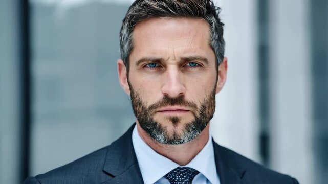 Executive man in suit stands confidently, looking serious yet approachable at a modern office during daylight hours