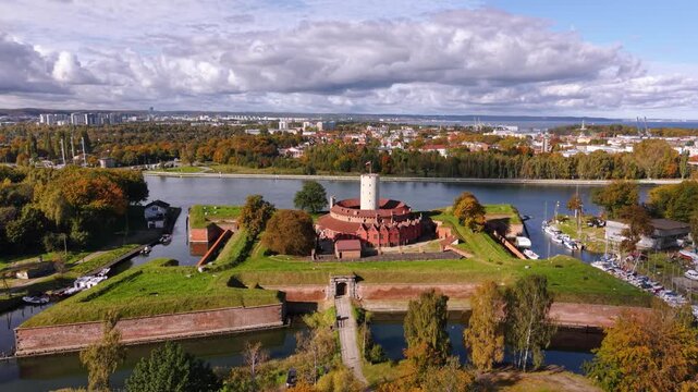Wisloujscie fortress in autumnal scenery in Gdansk, Poland. Aerial view