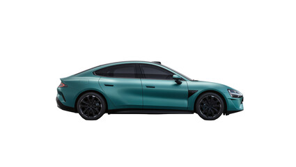 Fototapeta premium Teal sedan car with black wheels, isolated on transparent background