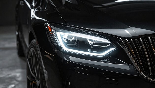 Close Up of Black Car Headlight Showing Modern Automotive Lighting and Luxury Vehicle Style