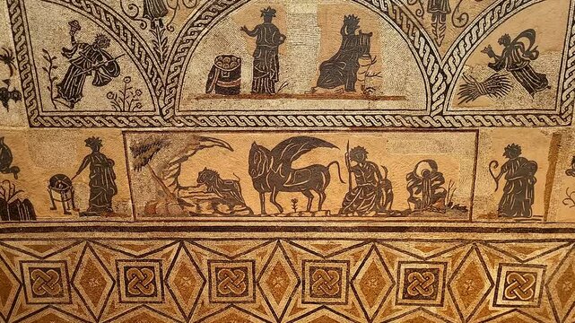 Roman mosaic made with stone and marble tesserae. Roman art for decorating the floors of Roman villas. Roman Museum of Merida. Spain.