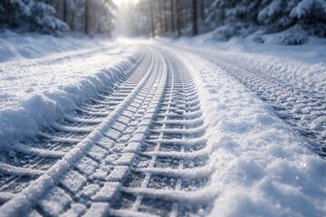 Obraz premium Wintertime automobile tire track impressions on snowy ground