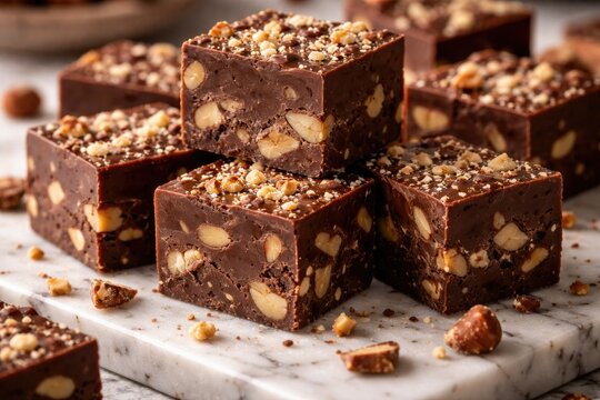 Close up of chopped nut filled chocolate fudge arranged on a marble surface