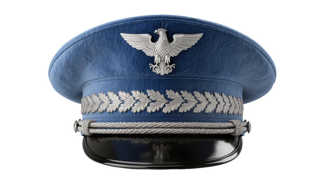 Blue officer s cap with silver eagle emblem and laurel wreath, isolated on transparent background