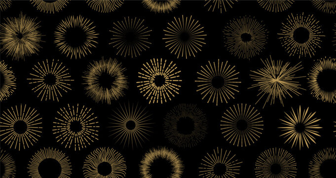 Seamless pattern vintage hand drawn sunburst rays, explosion, fireworks gold ray's. Bohemian bursting sun rays, spiritual celestial space, astrology sign, astronomy symbol. Magic talisman, tarot.