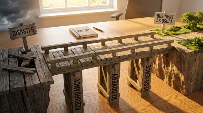 Disaster Recovery Concept 3D render of a bridge connecting disaster to business as usual with redundancy recovery resilience pillars and a BCP book on an office desk