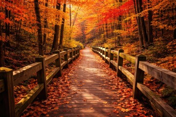Obraz premium Vibrant fall trail with wooden boardwalk and rich autumn leaves in natural setting