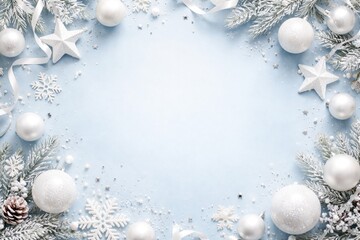 Naklejka premium New Year themed flat lay showing white festive ornaments on a subtle pastel blue surface with copy space