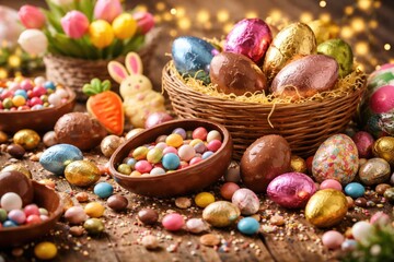 Naklejka premium Delightful Easter celebration with mixed chocolate eggs and festive sweets
