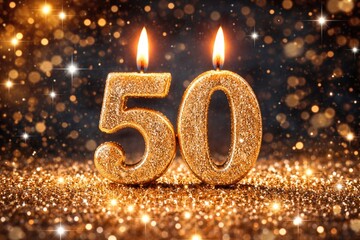 Naklejka premium Glittering number 50 candle glowing on a sparkling starry background for celebration