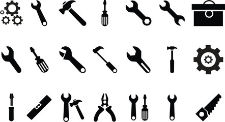Obraz premium Tools and Construction Icon Set, collection, group of Hand Tools Wrench, Hammer, Screwdriver and Repair Symbols Solid and Outline Icons for Maintenance and Workshop UI Modern Vector Toolkit for Web, A