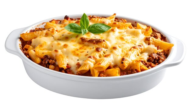 Oval dish with baked ziti topped with melted cheese and basil, isolated on white