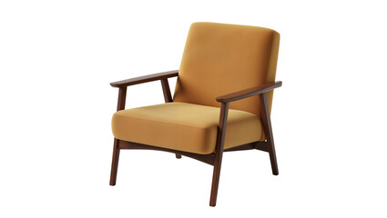 Fototapeta premium Mustard yellow upholstered armchair with dark wood frame, isolated on transparent background