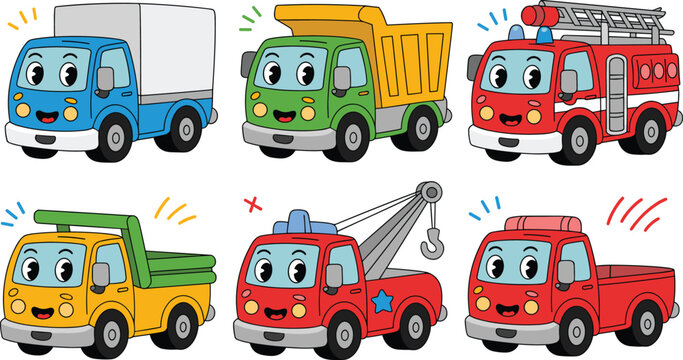 Colorful cartoon truck character vector illustrations with smiling faces, fire truck, tow truck, dump truck, and cheerful artwork