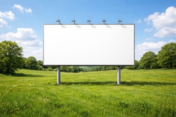 Obraz premium Vacant outdoor billboard template placed on a vivid green pasture with summer day brightness