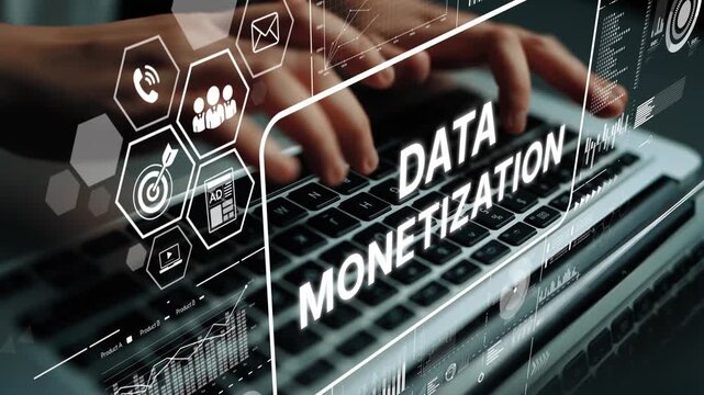 Data Monetization Concept with Laptop and Digital Interface for Business Growth and Insights. Asymptotic smart data analytic.