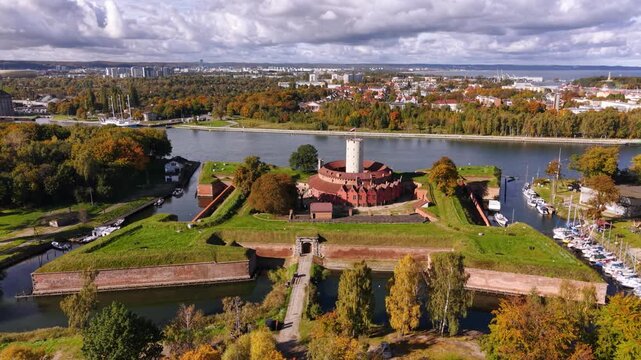 Wisloujscie fortress in autumnal scenery in Gdansk, Poland. Aerial view