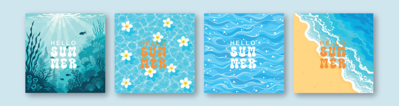 A collection of four square summer-themed backgrounds featuring underwater scenes, tropical flowers on water, wavy sea patterns, and a sandy beach view.