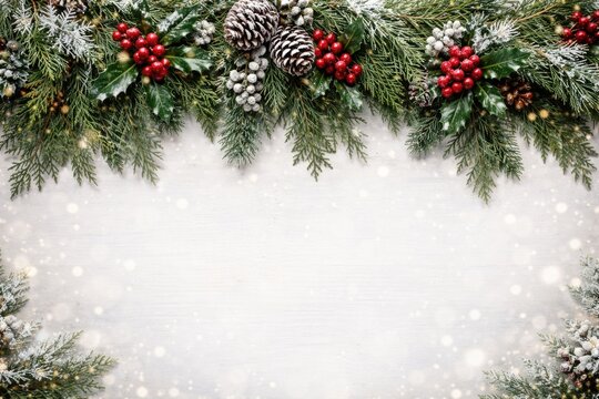 Winter season decorative border with cedar cypress fir leaves and holly winter foliage arrangement