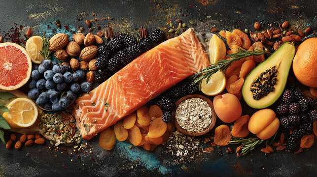 healthy eating background with potassium rich foods such as salmon dried apricots and colorful fruits placed on a rustic dark surface