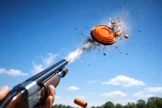 Shooting clay pigeon in midair under a sunny blue background