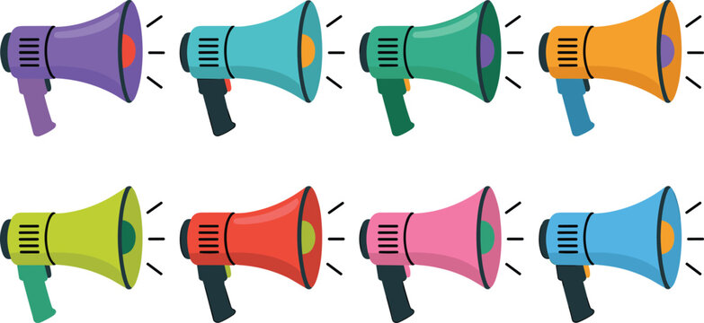 Vector illustration of colorful megaphones representing communication, announcements, and message spreading themes