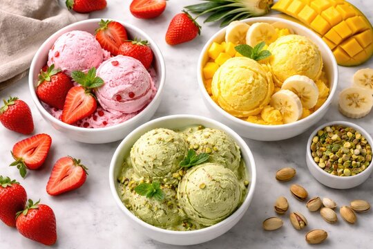 Three white dishes holding strawberry, mango banana, and green tea pistachio flavored ice cream captured from above