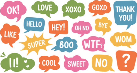 Vector illustration of colorful speech bubbles with casual phrases representing communication and social media themes © Creative Stoker