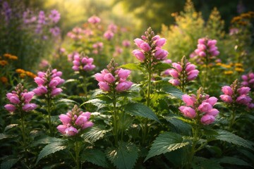 Obraz premium Outdoor garden scene with blooming pink perennial Turtlehead flower